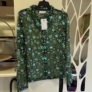 NWT Sequined Lace Floral Button-Down Shirt - Green (M)